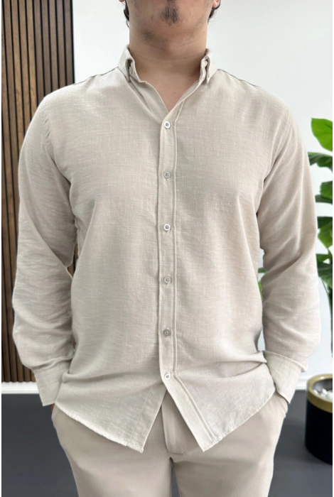 Erkek Keten Karışımlı Slim Fit Gömlek Bej Edw499