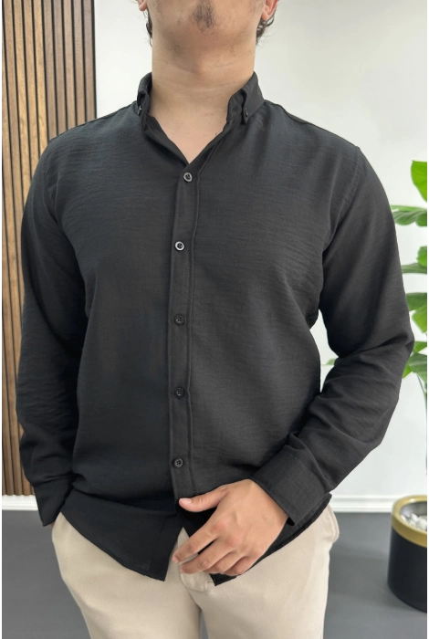 Erkek Keten Karışımlı Slim Fit Gömlek Siyah Edw499