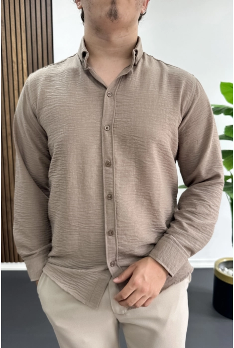 Erkek Keten Karışımlı Slim Fit Gömlek Vizon Edw499