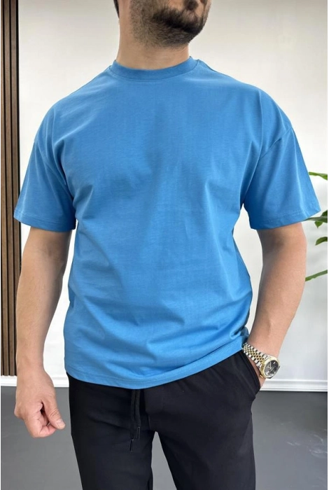 Erkek Oversize %100 Pamuk Nefes Alan Basic T-shirt Mavi Edw038