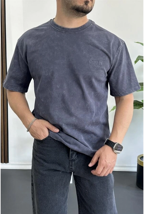 Erkek Oversize Geniş Kesim Yıkamalı Kumaş Nakış Logolu Tişört Füme Edw366
