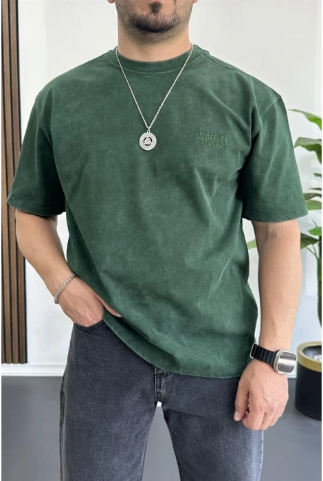 Erkek Oversize Geniş Kesim Yıkamalı Kumaş Nakış Logolu Tişört Yeşil Edw366