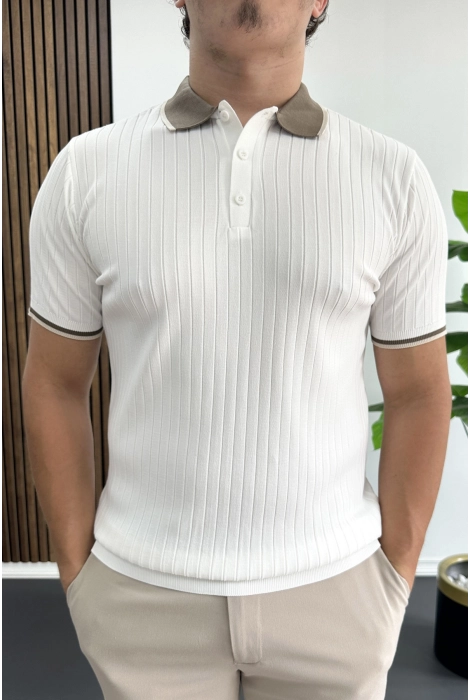 Erkek Şerit Detaylı Polo Yaka Tişört Beyaz Edw497