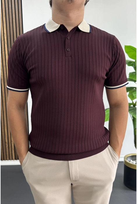 Erkek Şerit Detaylı Polo Yaka Tişört Bordo Edw497