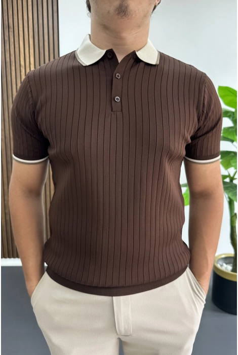 Erkek Şerit Detaylı Polo Yaka Tişört Kahverengi Edw497