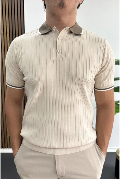 Erkek Şerit Detaylı Polo Yaka Tişört Krem Edw497