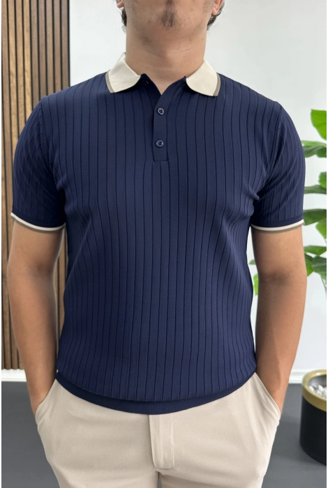 Erkek Şerit Detaylı Polo Yaka Tişört Lacivert Edw497