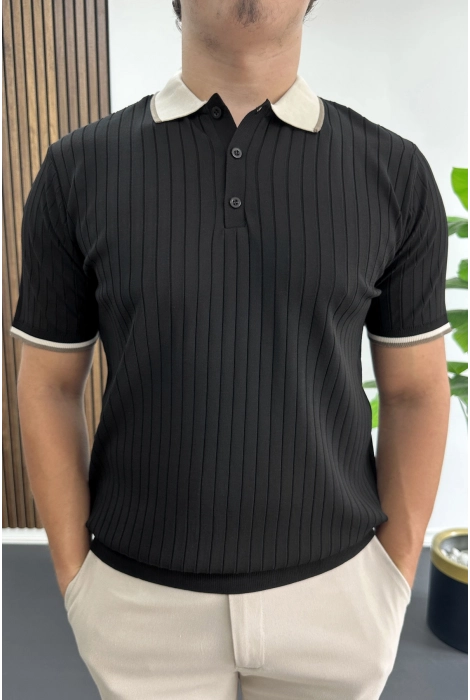 Erkek Şerit Detaylı Polo Yaka Tişört Siyah Edw497