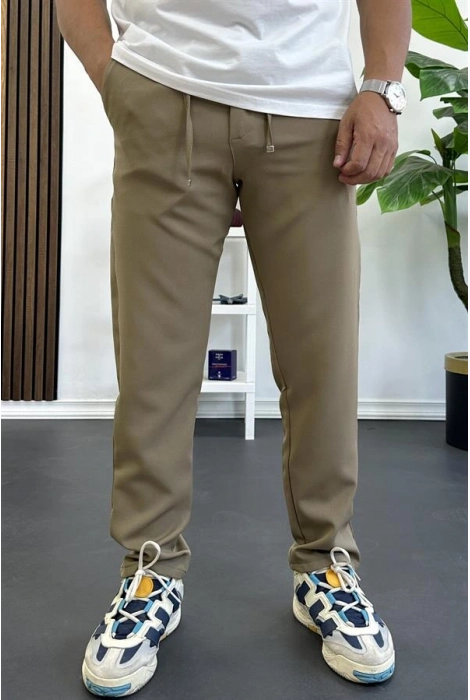 Erkek Slim Fit Beli İpli Düğmeli Pantolon Kahverengi Edw403