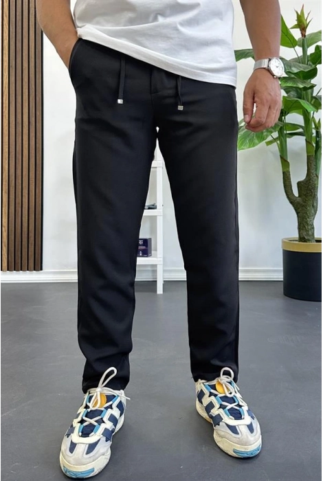 Erkek Slim Fit Beli İpli Düğmeli Pantolon Siyah Edw403