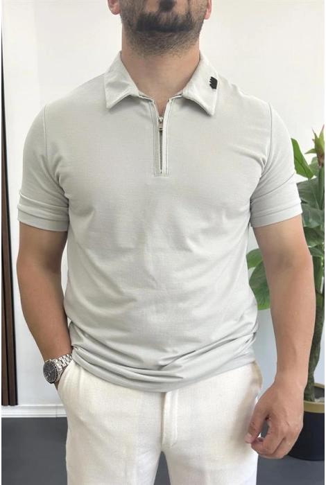 Erkek Yakası ve Kolu Nakış Detaylı Polo Yaka Fermuarlı Tişört Gri Edw392