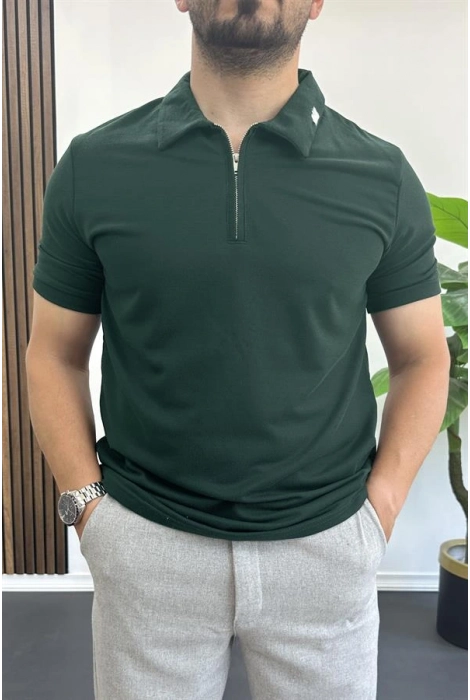 Erkek Yakası ve Kolu Nakış Detaylı Polo Yaka Fermuarlı Tişört Yeşil Edw392