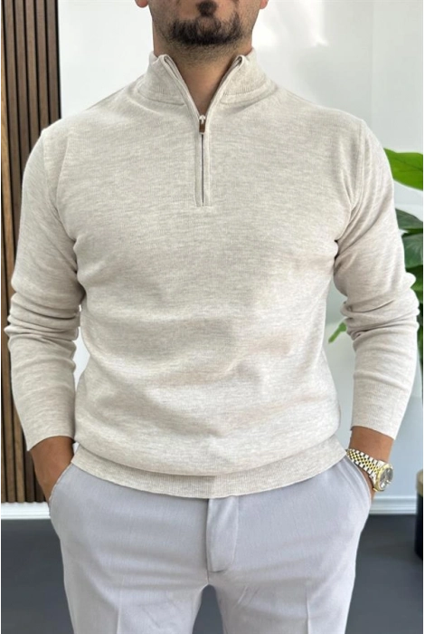 Erkek Yarım Fermuarlı Normal Kalıp Kazak Krem Edw411