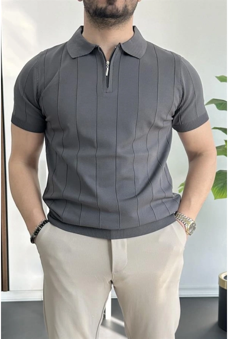 Erkek Yarım Fermuarlı Polo Yaka Tişört Füme Edw257