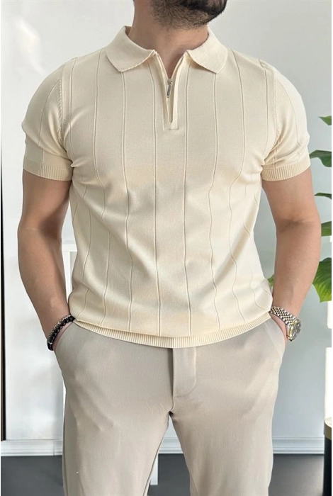 Erkek Yarım Fermuarlı Polo Yaka Tişört Krem Edw257