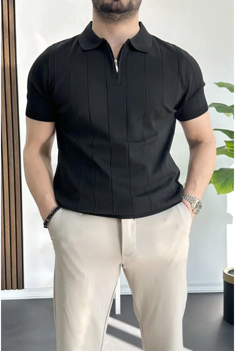 Erkek Yarım Fermuarlı Polo Yaka Tişört Siyah Edw257