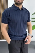 Erkek Açık Yaka Desenli Tişört Lacivert Edw453