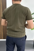Erkek Bisiklet Yaka Çizgili Tişört Haki Edw456