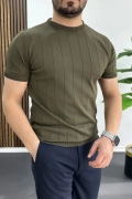 Erkek Bisiklet Yaka Çizgili Tişört Haki Edw456