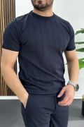 Erkek Bisiklet Yaka Çizgili Tişört Lacivert Edw456