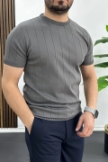 Erkek Bisiklet Yaka Çizgili Tişört Füme Edw456
