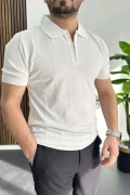 Erkek Desenli Polo Yaka Tişört Beyaz Edw457