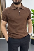 Erkek Nokta Desenli Polo Yaka Tişört Kahverengi Edw462