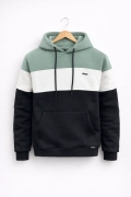 Erkek Slim Fit Renk Bloklu Kapüşonlu Sweatshirt Açık Yeşil Edw438