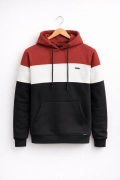 Erkek Slim Fit Renk Bloklu Kapüşonlu Sweatshirt Kırmızı Edw438