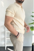 Erkek Slim Fit Fermuarlı Polo Yaka Tişört Krem Edw452