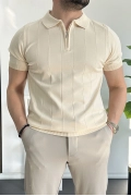 Erkek Slim Fit Fermuarlı Polo Yaka Tişört Krem Edw452