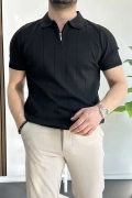 Erkek Slim Fit Fermuarlı Polo Yaka Tişört Siyah Edw452