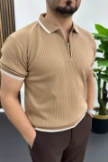 Erkek Polo Yaka Çizgili Tişört Açık Kahverengi Edw472