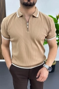 Erkek Polo Yaka Çizgili Tişört Açık Kahverengi Edw472