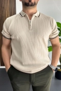 Erkek Polo Yaka Çizgili Tişört Krem Edw472