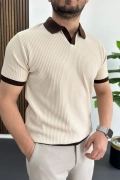 Erkek Yaka Renkli Tişört Krem Edw496