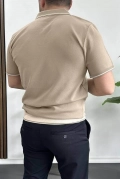 Erkek Açık Yaka Şerit Detaylı Tişört Vizon Edw235