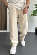Erkek Beli Lastikli Baggy Kalıp Pantolon Krem Edw356