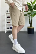 Erkek Beli Lastikli Keten Kumaş Şort Kahverengi Edw370