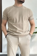 Erkek Bisiklet Yaka Desenli Tişört Vizon Edw260