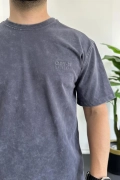 Erkek Oversize Geniş Kesim Yıkamalı Kumaş Nakış Logolu Tişört Füme Edw366