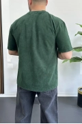 Erkek Oversize Geniş Kesim Yıkamalı Kumaş Nakış Logolu Tişört Yeşil Edw366