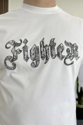 Erkek Oversize Ön ve Arka Kabartmalı Fighter Baskılı Tişört Beyaz Edw367