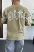 Erkek Oversize Ön ve Arka Kabartmalı Fighter Baskılı Tişört Yeşil Edw367