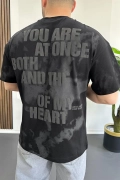 Erkek Oversize Ön ve Arka Kabartmalı Slogan Baskılı Tişört Siyah Edw368