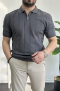 Erkek Polo Yaka Fermuarlı Desenli Tişört Füme Edw262