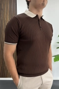 Erkek Şerit Detaylı Polo Yaka Tişört Kahverengi Edw497