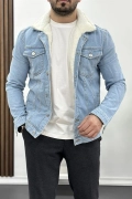 Erkek Slim Fit Cepli İçi Kürklü Düğmeli Kot Ceket Buz Mavi PR113
