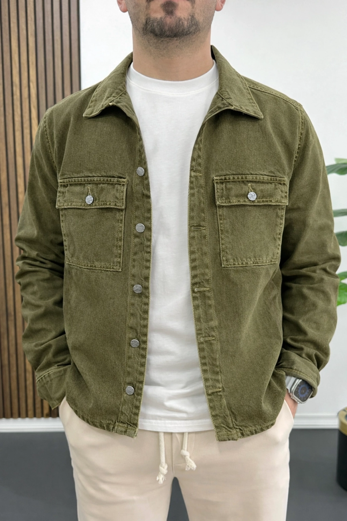 Erkek Oversize Denim Kot Gömlek Ceket Haki Edw397