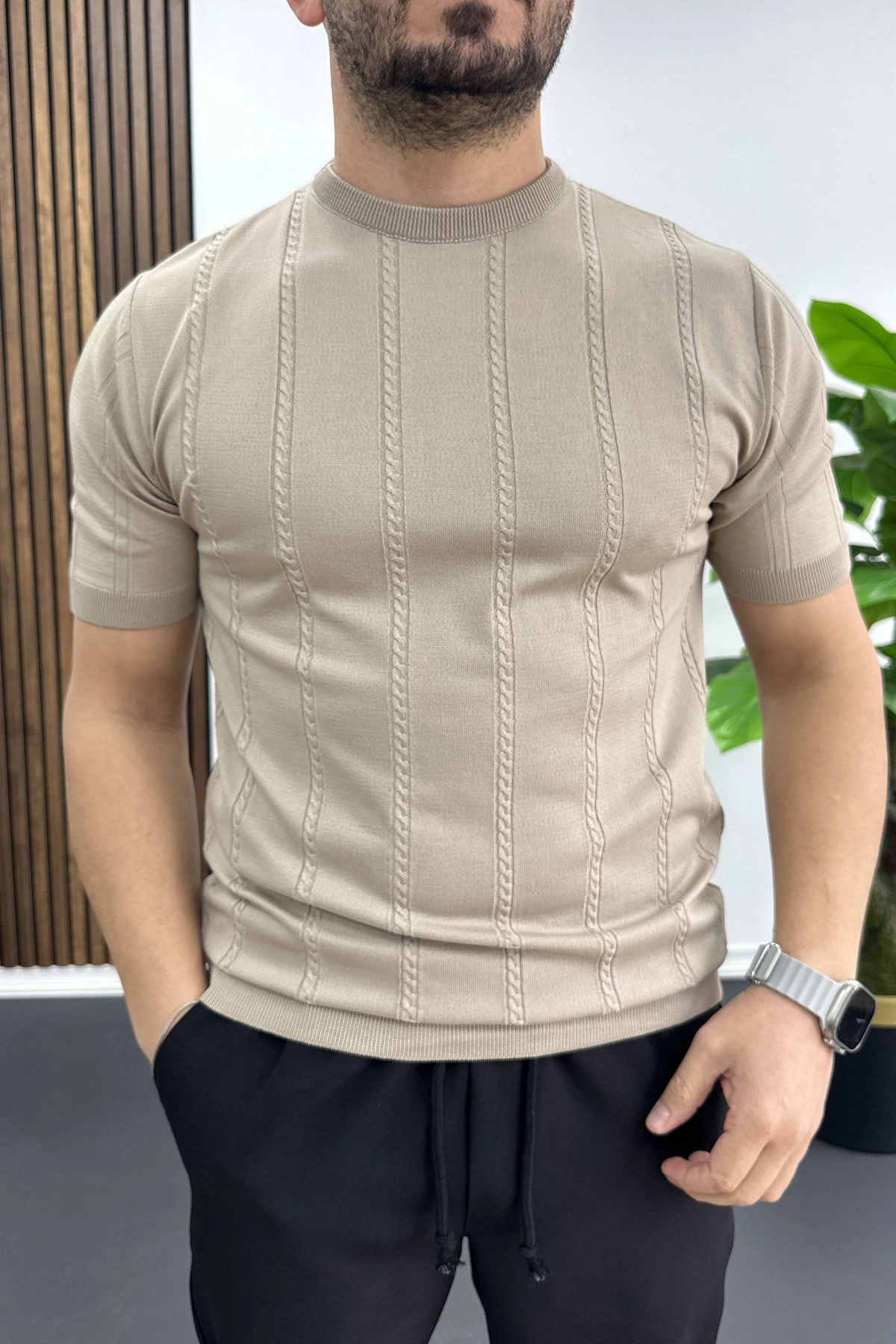Erkek Bisiklet Yaka Desenli Tişört Vizon Edw454